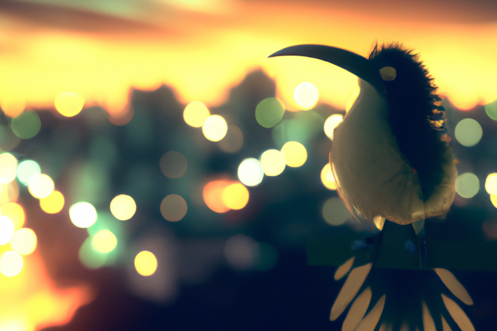 Night time bird looking at city lights