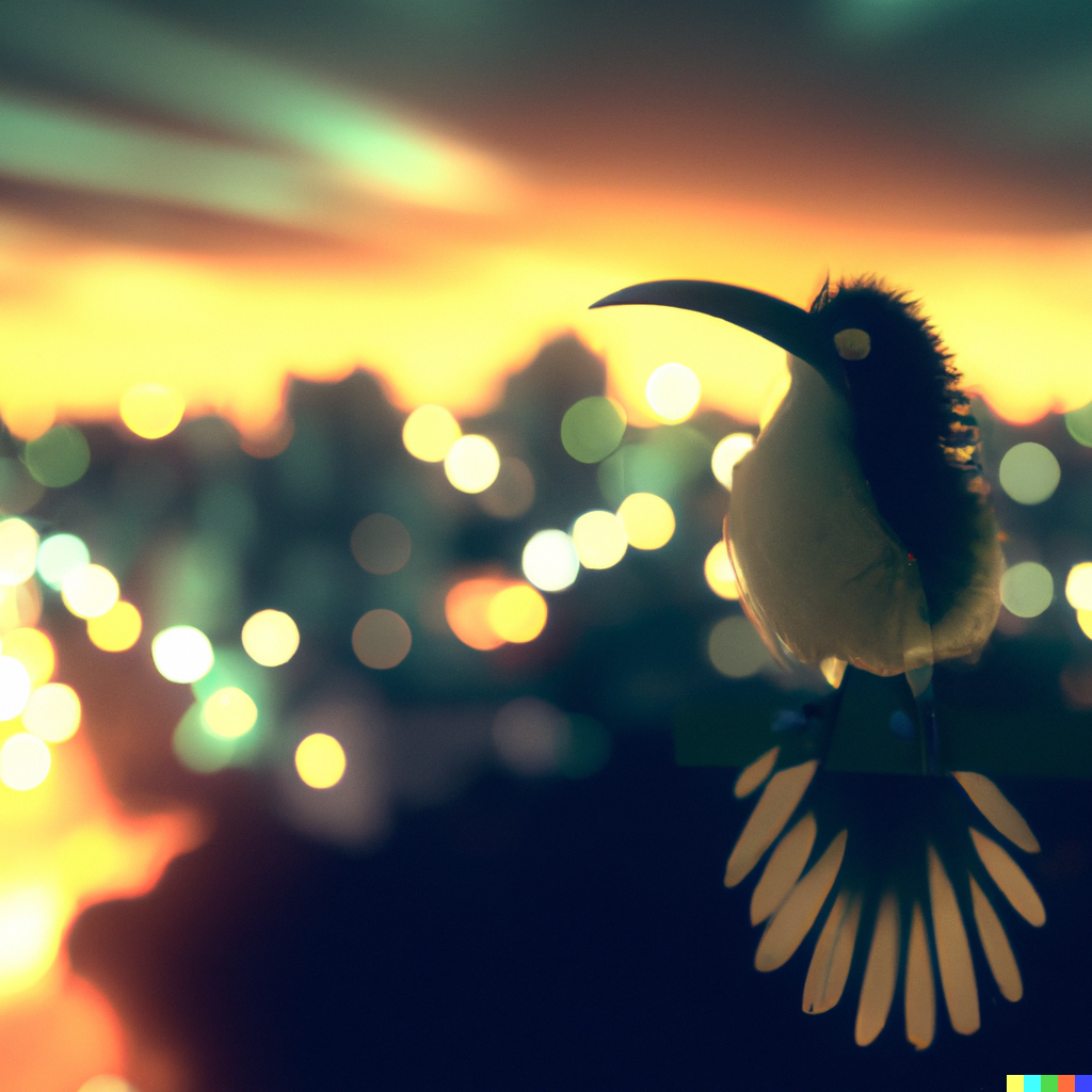 Night time bird looking at city lights